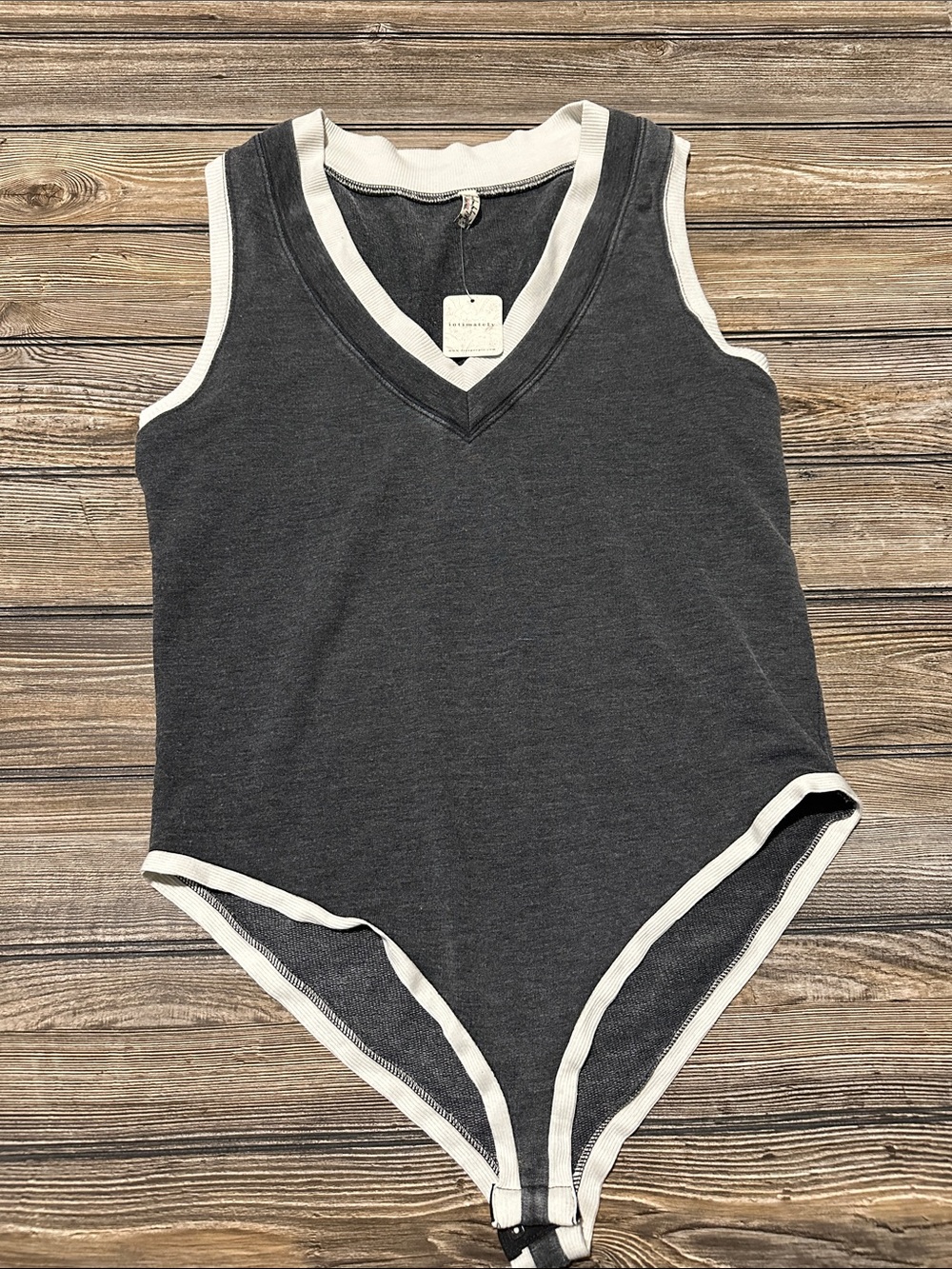 Women's Charcoal Gray V-Neck Bodysuit White Trim free people intimately small